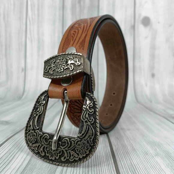 Premium Western Floral Embossed Hand Tooled Leather Belt for Men & Women - Picture 2 of 12